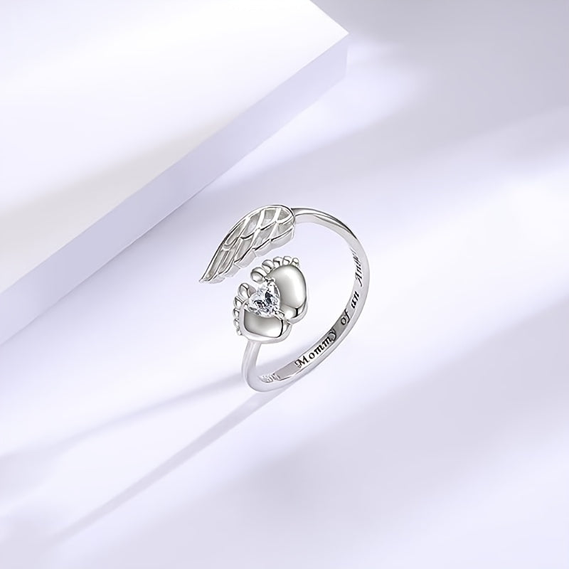 925 Sterling Silver Angle Wing Wrap Ring - Cute Heart Shape Zircon Adjustable Jewelry