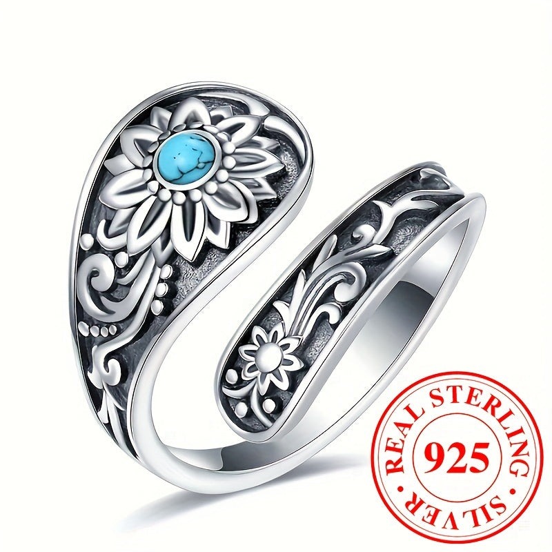 925 Sterling Silver Classy Sunflower Spoon Ring - Paved Turquoise Wedding Jewelry