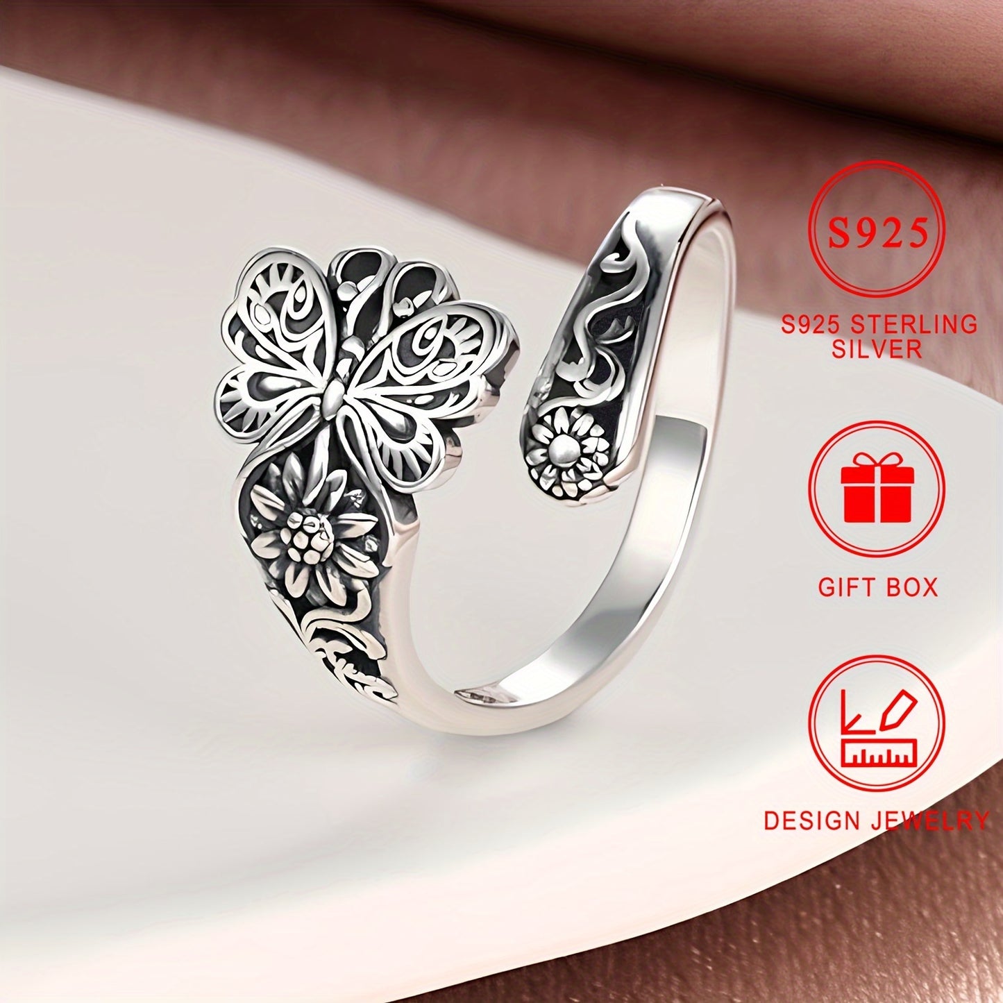 925 Sterling Silver Retro Butterfly & Flower Spoon Ring - 18k Gold Plated Beauty Gift