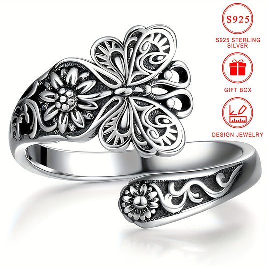 925 Sterling Silver Retro Butterfly & Flower Spoon Ring - 18k Gold Plated Beauty Gift